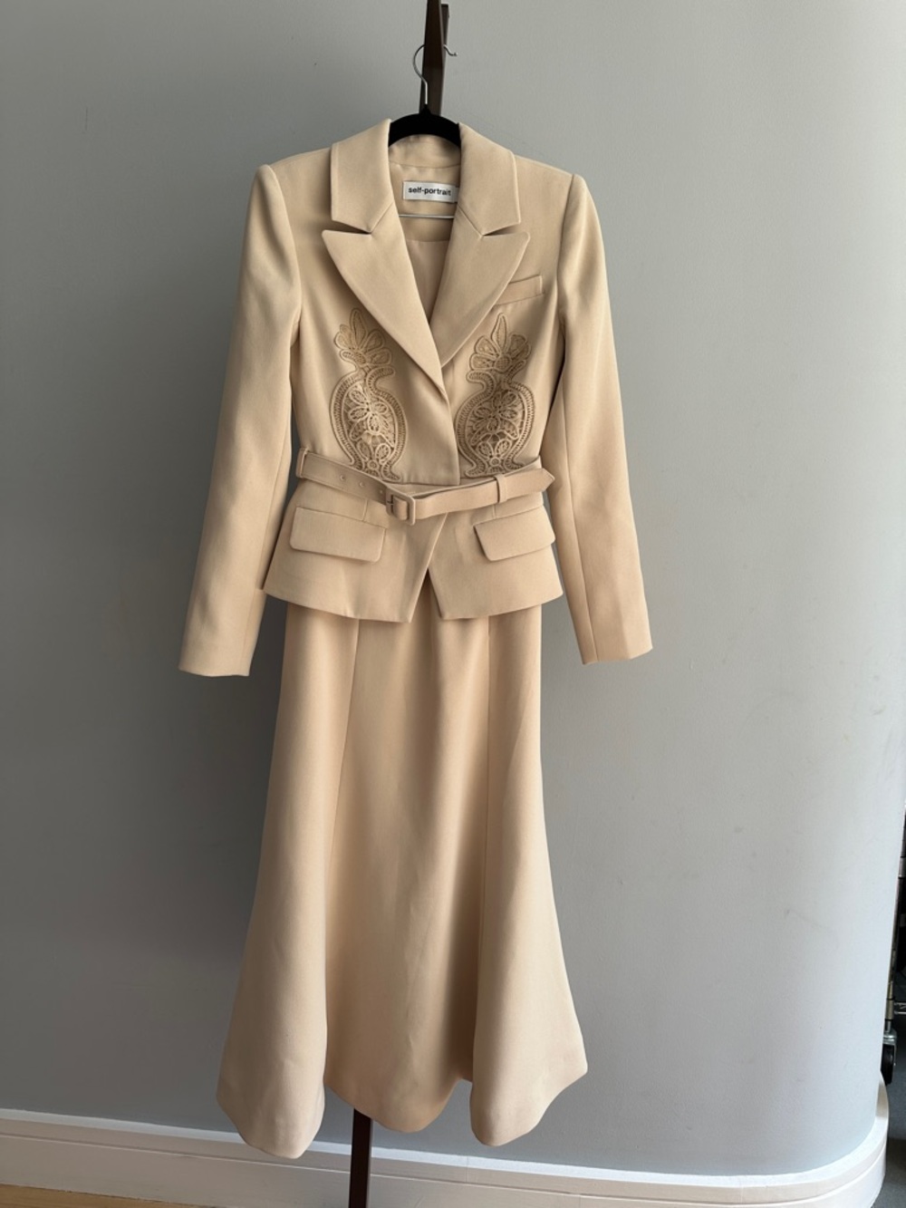 Self-Portrait Cream Embroidered Belted Blazer and Midi Skirt Set